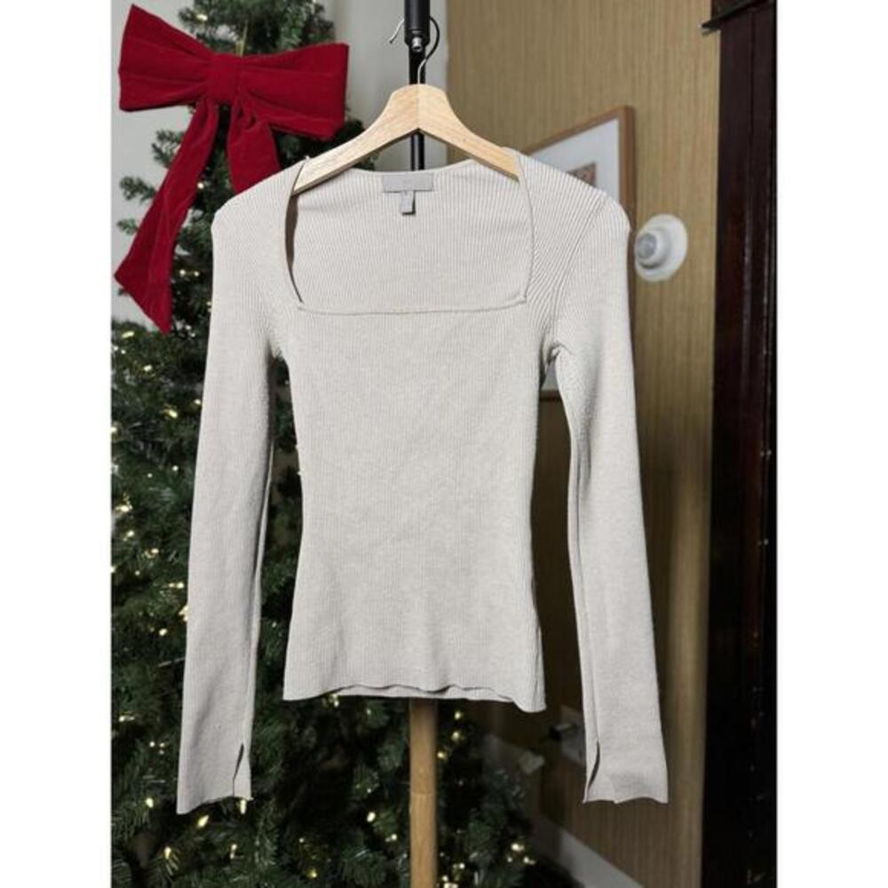 Women's Beige Ribbed Knit Long Sleeve Top with Square Neck